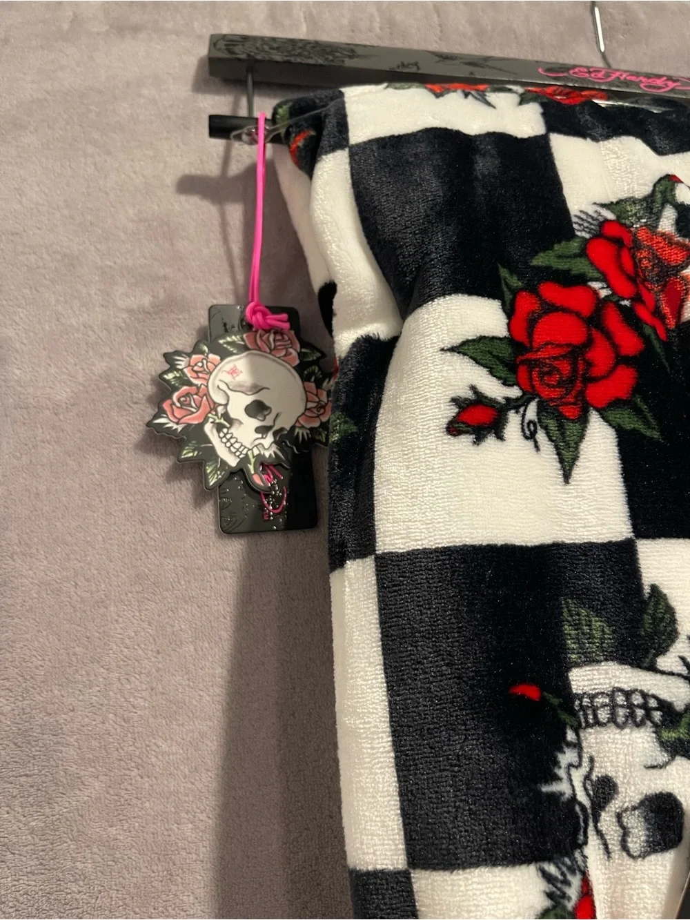 Ed Hardy Black, White & Red Rose Skull Printed Plush Oversized Throw 60”x70”
